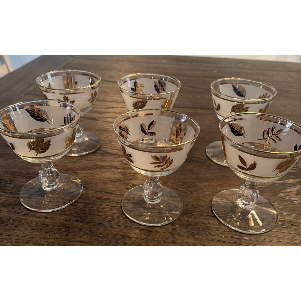 Vintage Libbey Golden Foliage Frosted Stemmed Glasses – Set of 6 – MCM- 4 1/2 In